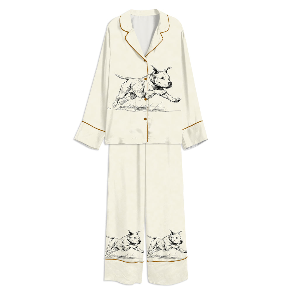 Tokyo-mood Pitbull With Zoomies Vintage Pittie Dog Mom Unisex Long Sleeve Silky Satin Pajama Set