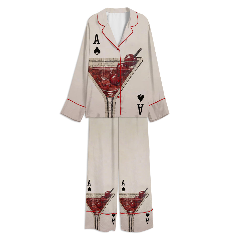 Tokyo-mood Ace Cherry Martini Red Extra Dirty Mosaic Martini Cocktail Unisex Long Sleeve Silky Satin Pajama Set