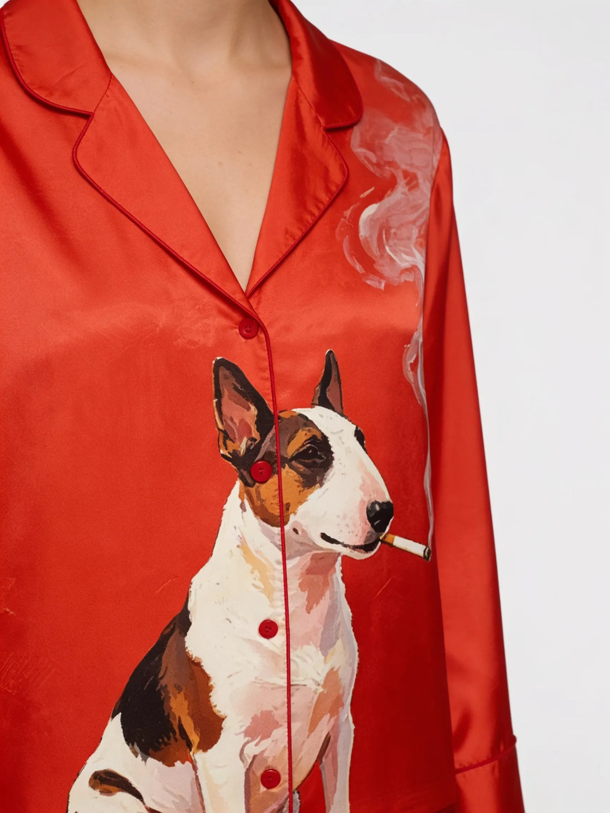 Tokyo-mood Funny Smoking Bull Terrier Dog Lovers Unisex Long Sleeve Silky Satin Pajama Set