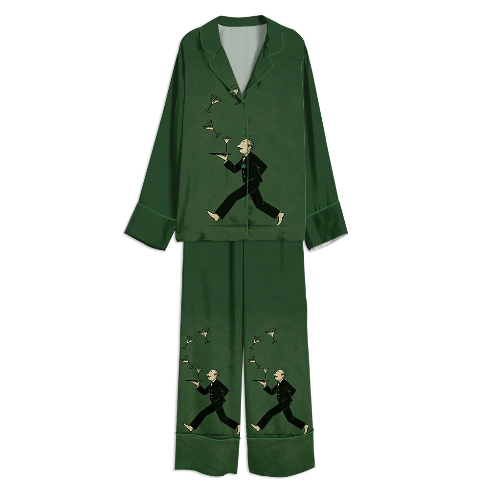 Tokyo-mood Cocktail Juggler Vintage Bartender Art Unisex Long Sleeve Silky Satin Pajama Set