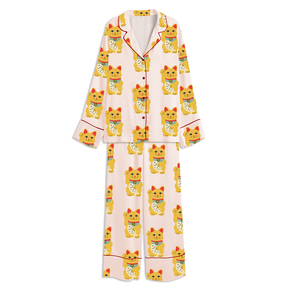 Lucky Cat Japanese Maneki Neko Art Unisex Long Sleeve Satin Pajama Set