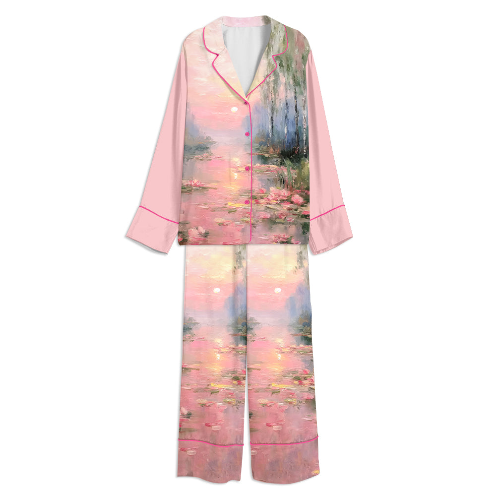 Tokyo-mood Pink Sunset Landscape Serene Lake Reflection Unisex Long Sleeve Silky Satin Pajama Set