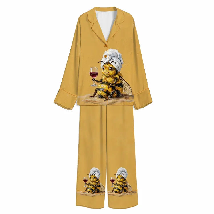 Tokyo-Mood Wine Tasting Chef Bumblebee Mustard Unisex Long Sleeve Silky Satin Pajama Set