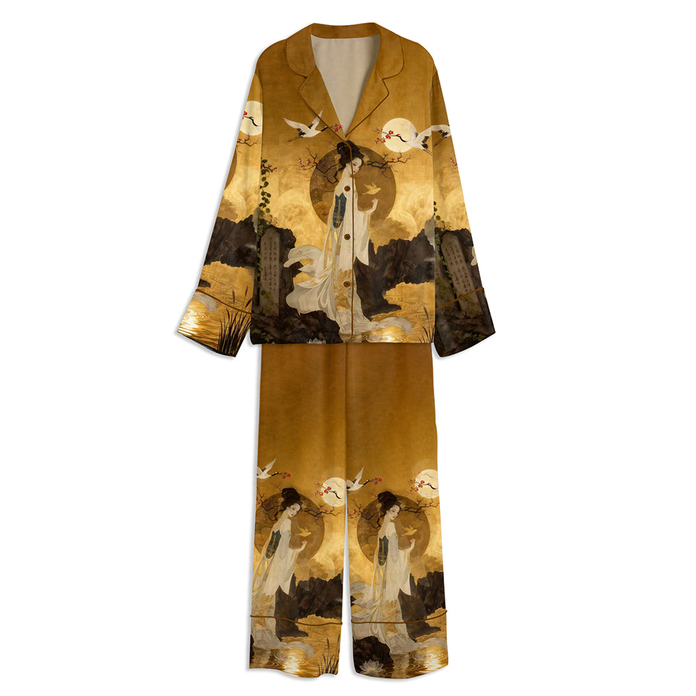 Golden Geisha With Bird Japanese Folklore Unisex Long Sleeve Satin Pajama Set
