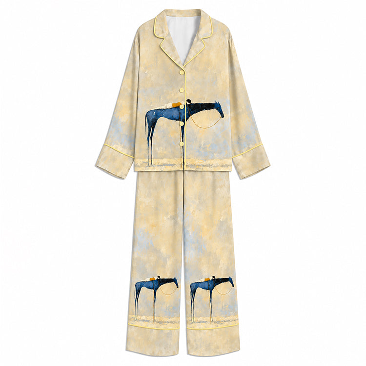 Tokyo-Mood Minimalist Blue Horse Butter Cream Unisex Long Sleeve Silky Satin Pajama Set