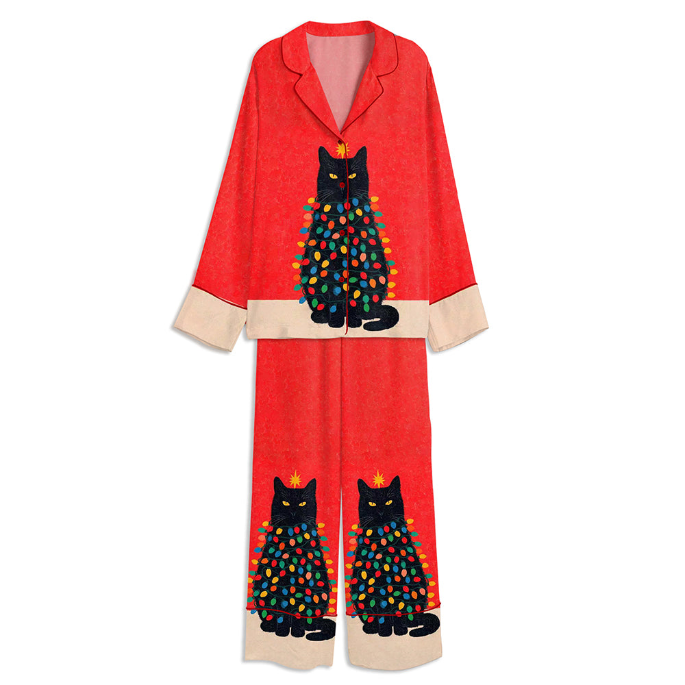 Christmas Black Cat With Lights Unisex Long Sleeve Satin Pajama Set