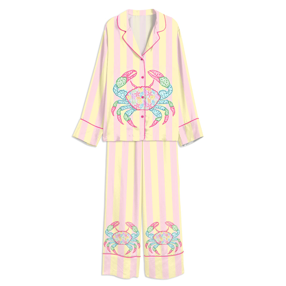 Tokyo-mood Everyday Summer Crab Watercolor Beach Bay Coastal Unisex Long Sleeve Silky Satin Pajama Set