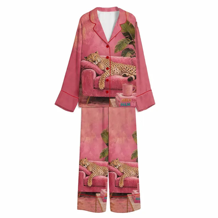 Tokyo-Mood Sleeping Leopard Pink Sofa Rose Unisex Long Sleeve Silky Satin Pajama Set