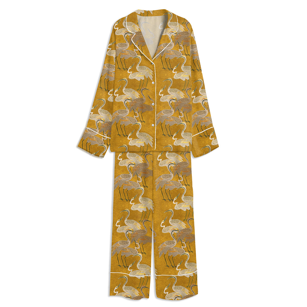 Maximalism Cranes Boho Crane Birds Unisex Long Sleeve Silky Satin Pajama Set