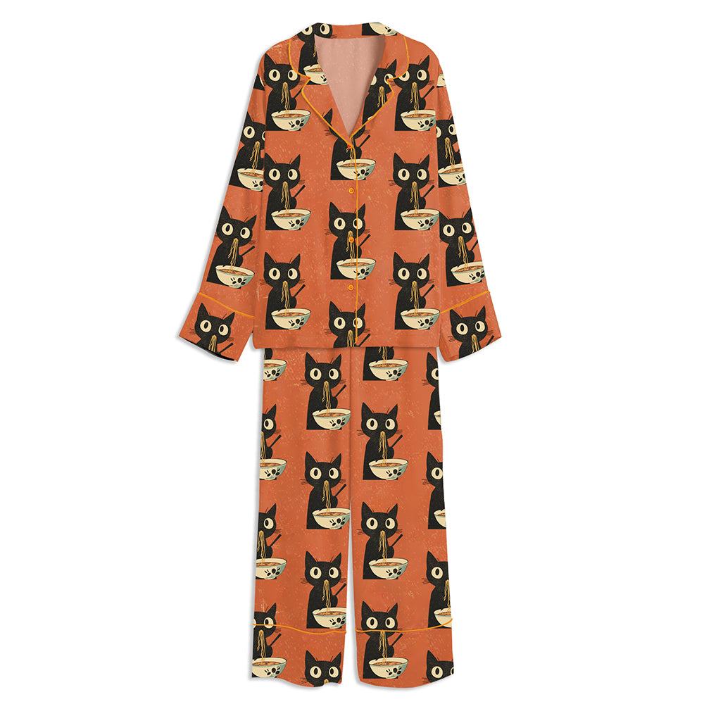 Hungry Black Cat Ramen Japanese Food Unisex Long Sleeve Satin Pajama Set