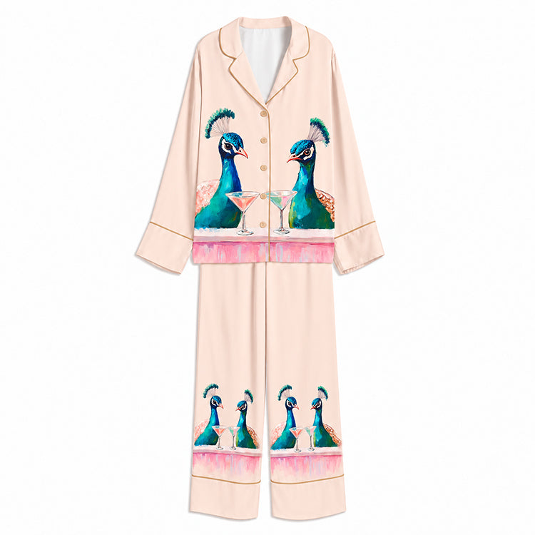 Tokyo-Mood Martini Toast Peacocks Blush Pink Unisex Long Sleeve Silky Satin Pajama Set