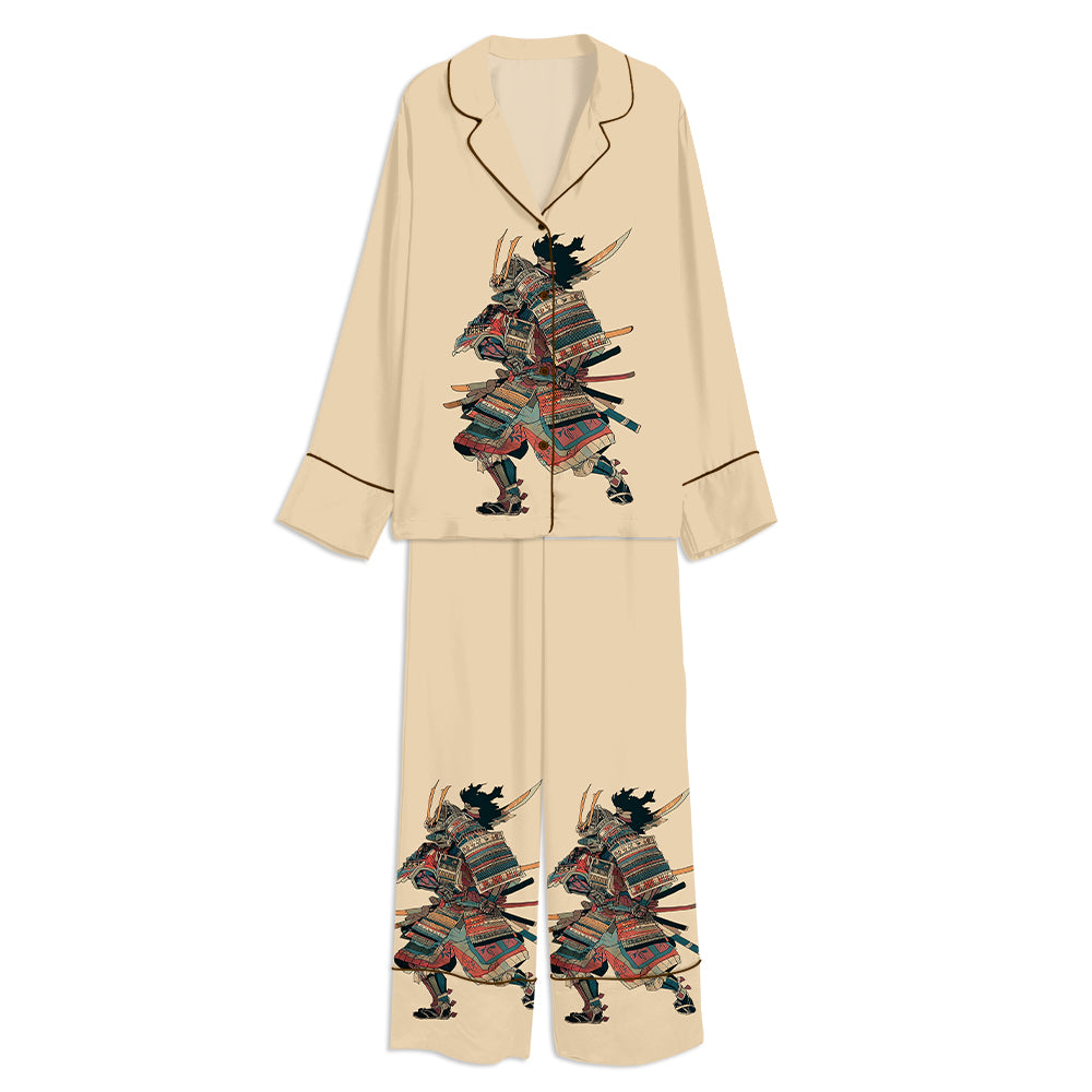 Ukiyo-e Style Japanese Samurai Unisex Long Sleeve Satin Pajama Set