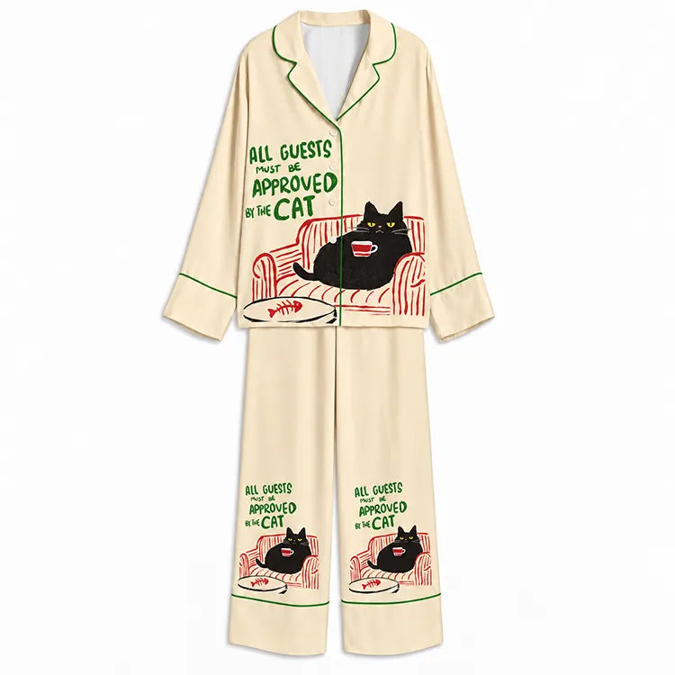 Tokyo-Mood Cat Approved Houseguest Cream Unisex Long Sleeve Silky Satin Pajama Set