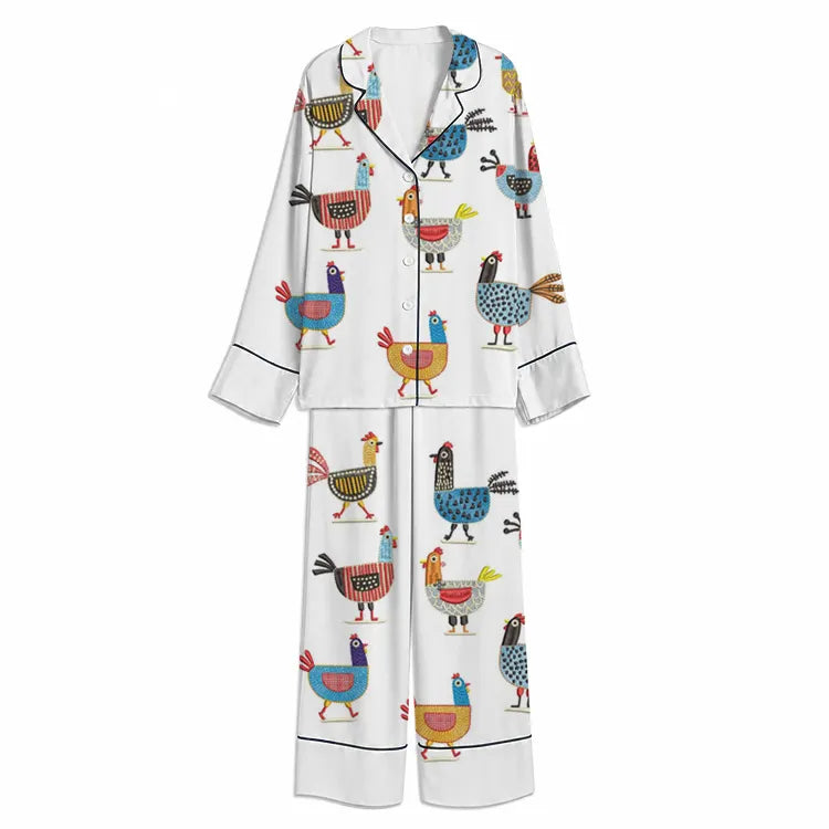 Tokyo-Mood Folk Art Chicken Flock White Unisex Long Sleeve Silky Satin Pajama Set