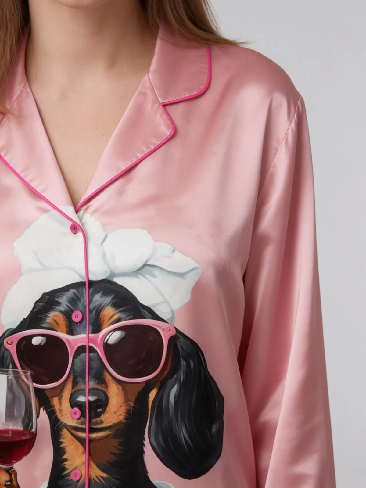 Dachshund Wine Bathroom Dog Art Unisex Long Sleeve Satin Pajama Set
