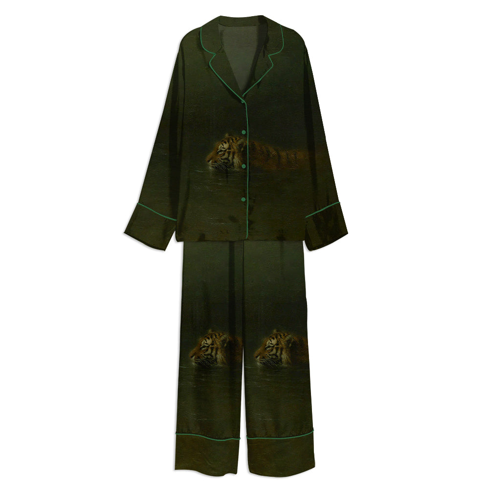 Swimming Tiger Unisex Long Sleeve Satin Pajama Set