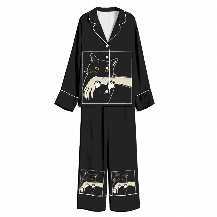 Tokyo-Mood Playful Arm-Hugging Black Cat Black Unisex Long Sleeve Silky Satin Pajama Set
