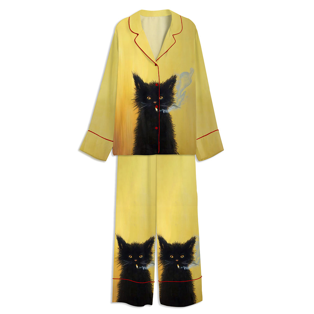Smoking Cat Art Unisex Long Sleeve Satin Pajama Set