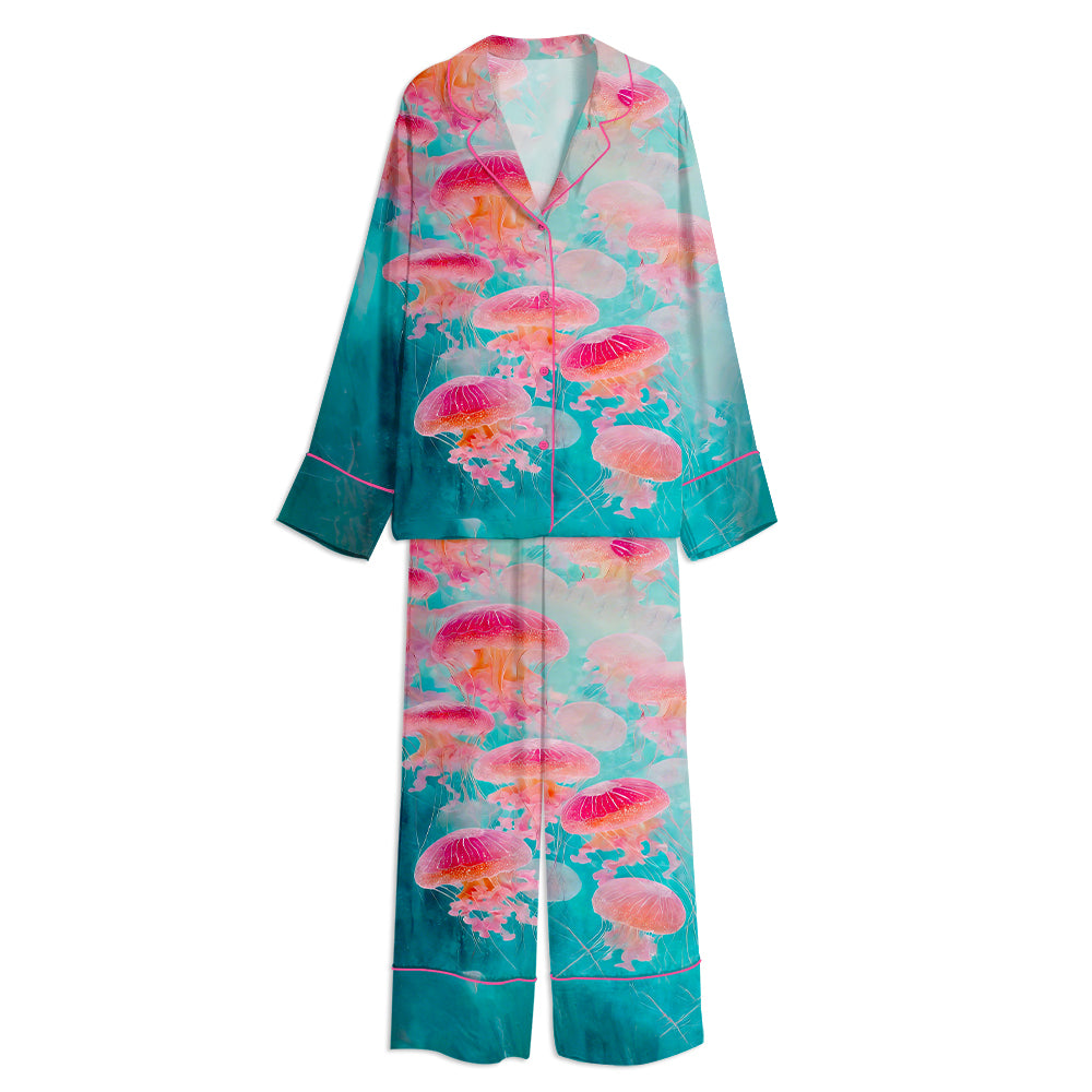 Yayoi Kusama Pink Jellyfish Unisex Long Sleeve Satin Pajama Set