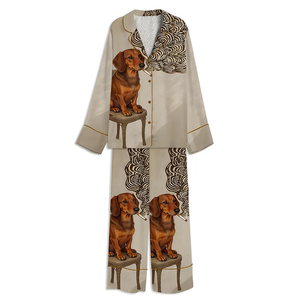 Dachshund Smoking A Cigarette Unisex Long Sleeve Satin Pajama Set