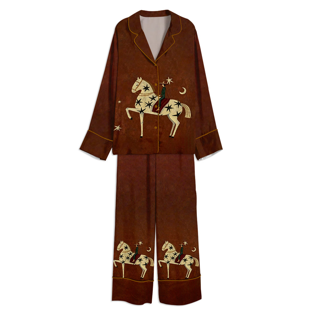 Tokyo-mood Modern Abstract Horse Rider Western Art Unisex Long Sleeve Silky Satin Pajama Set