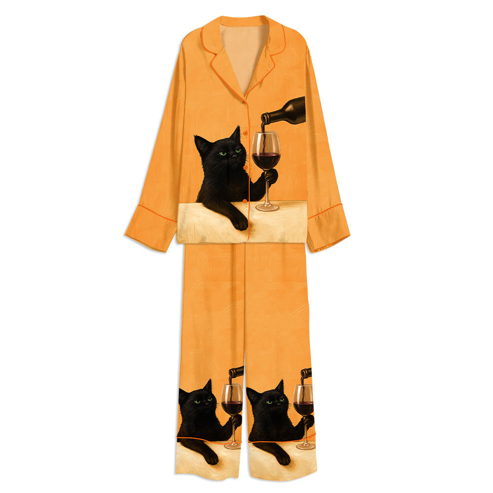 Tokyo-mood Black Cat With Wine Glass Unisex Long Sleeve Silky Satin Pajama Set