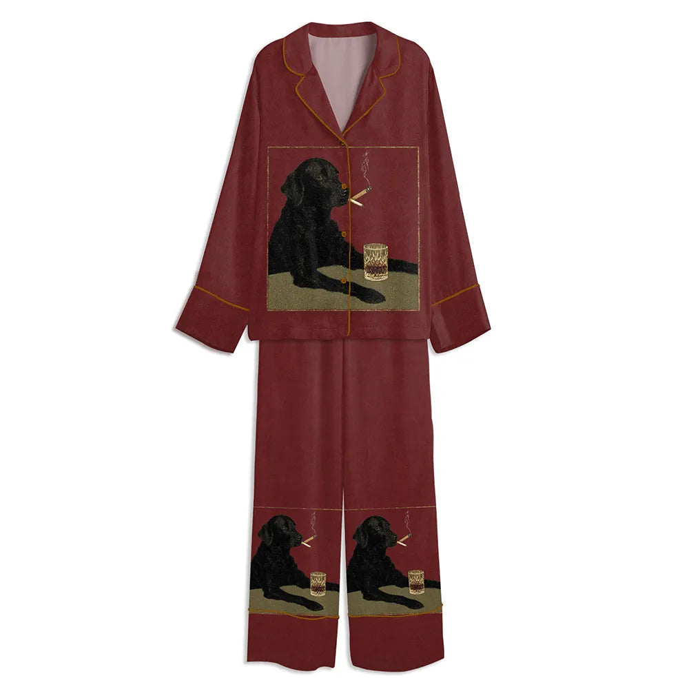 Smoking Cool Black Dog With Cigarette And Whiskey Unisex Long Sleeve Satin Pajama Set