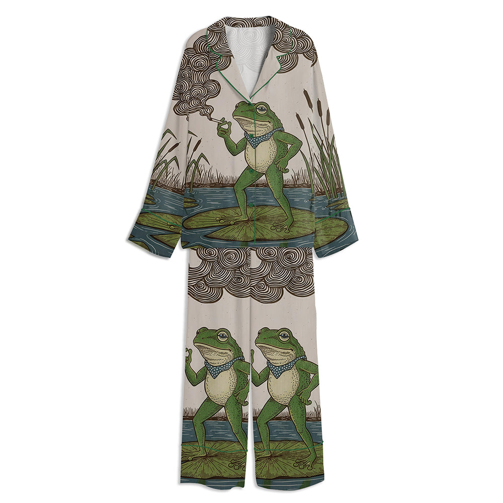 Vintage Frog Smoking A Cigarette Unisex Long Sleeve Satin Pajama Set