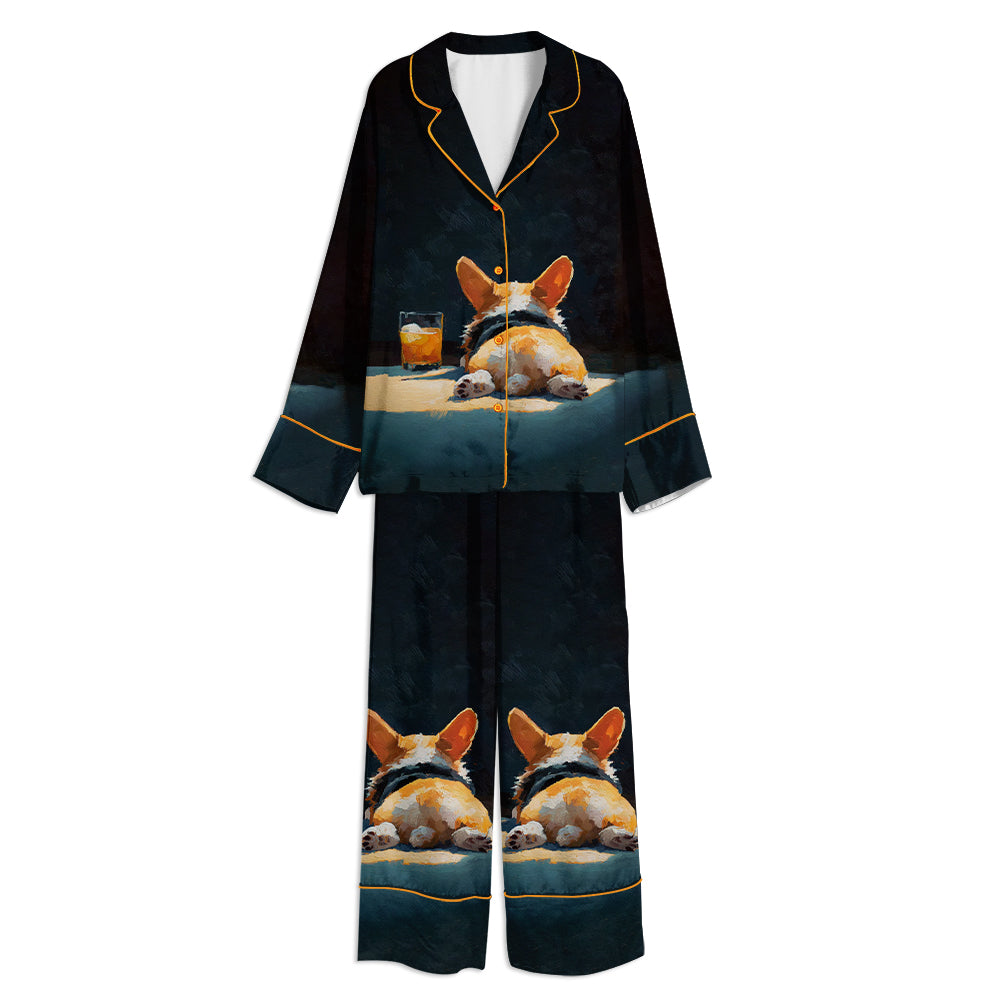 Mini Corgi Dog Lovers And Pet Lovers Unisex Long Sleeve Satin Pajama Set