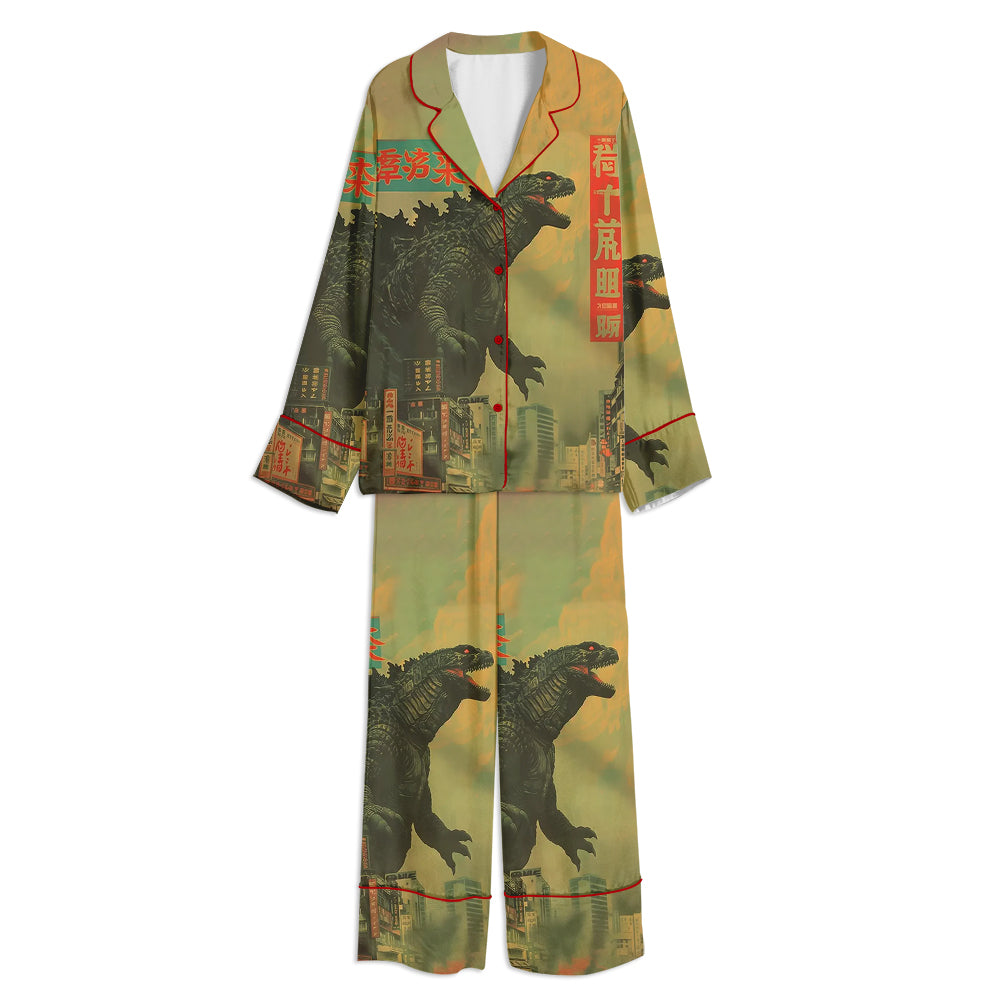 Vintage Godzilla Japanese Monster Unisex Long Sleeve Satin Pajama Set