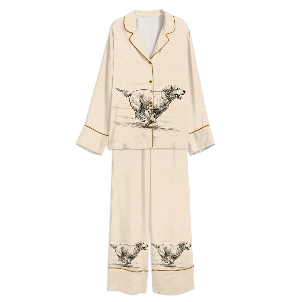 Tokyo-mood Lab Retriever Vintage Dog With Zoomies Unisex Long Sleeve Silky Satin Pajama Set
