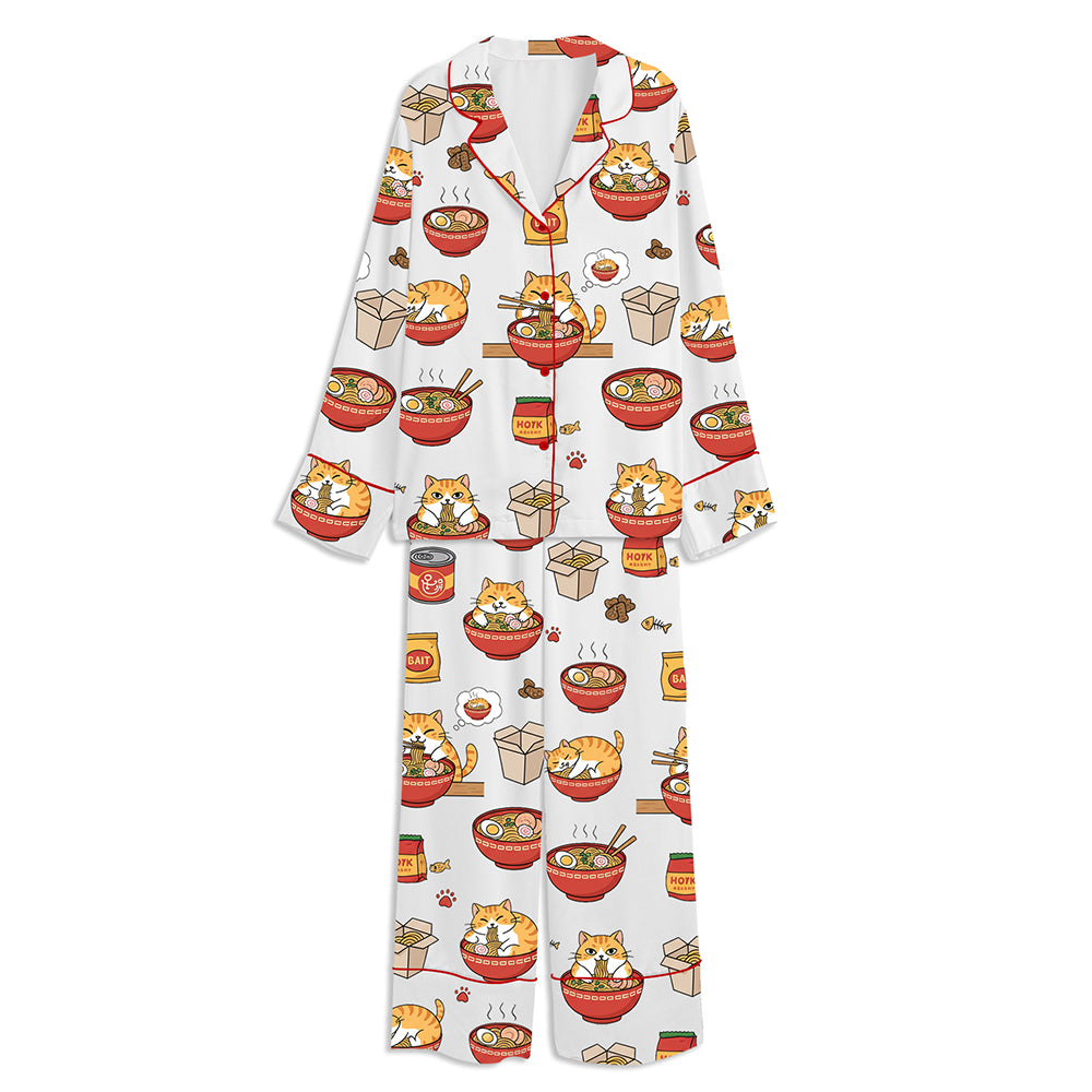 Fat Cat Eating Ramen Unisex Long Sleeve Satin Pajama Set