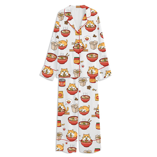 Fat Cat Eating Ramen Unisex Long Sleeve Satin Pajama Set