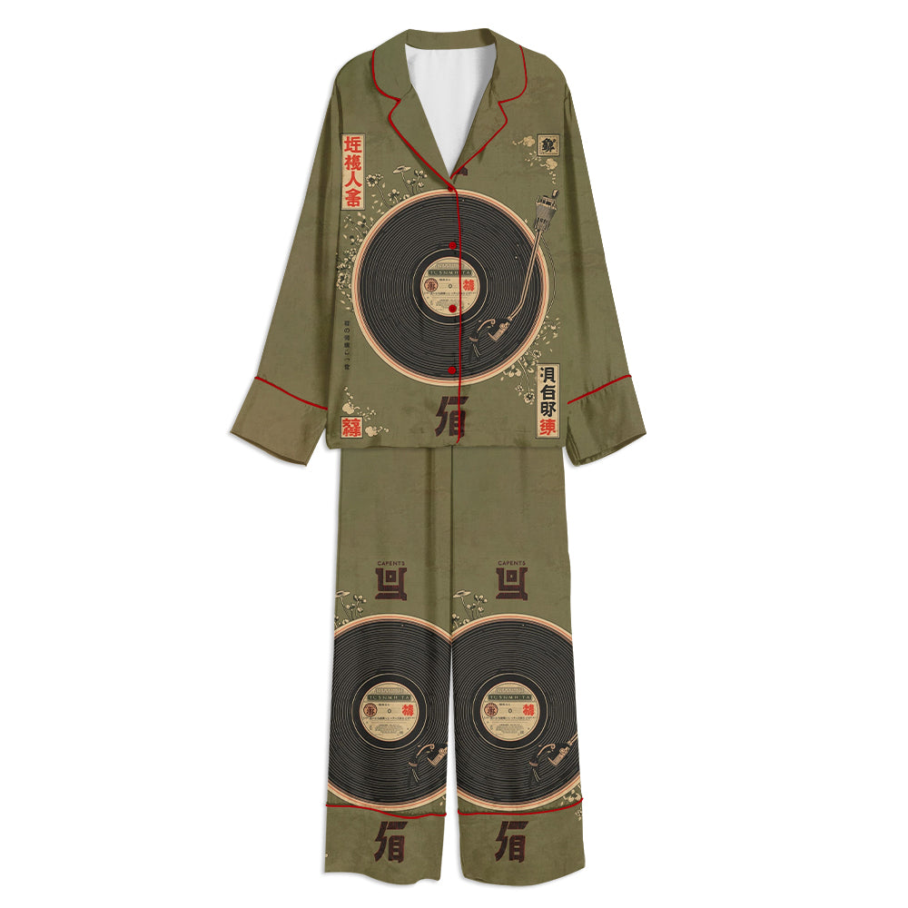 Retro Turntable Vintage Japanese Music Lover Unisex Long Sleeve Satin Pajama Set