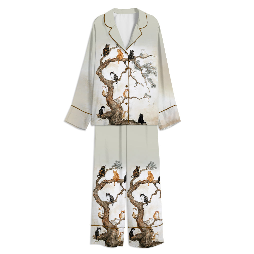Japanese Cat Zen Ink Painting On Pine Tree Unisex Long Sleeve Satin Pajama Set