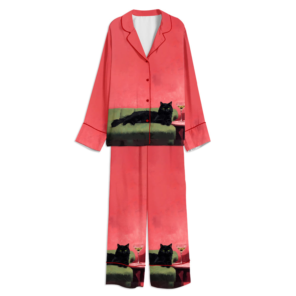 Black Cat With Martini Unisex Long Sleeve Satin Pajama Set