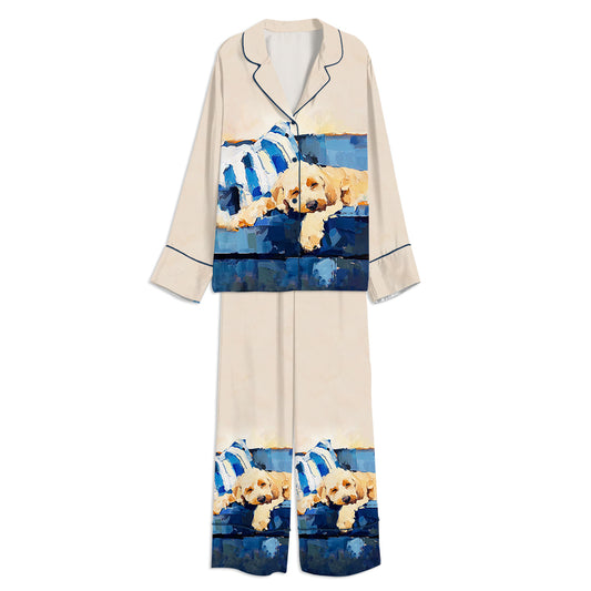 Tokyo-mood Goldendoodle Dog Sleeping On Sofa Unisex Long Sleeve Silky Satin Pajama Set