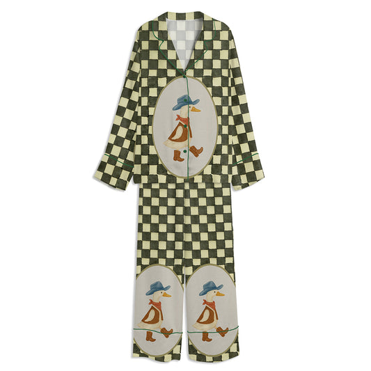 Vintage Western Duck Cowboy Goose Unisex Long Sleeve Satin Pajama Set