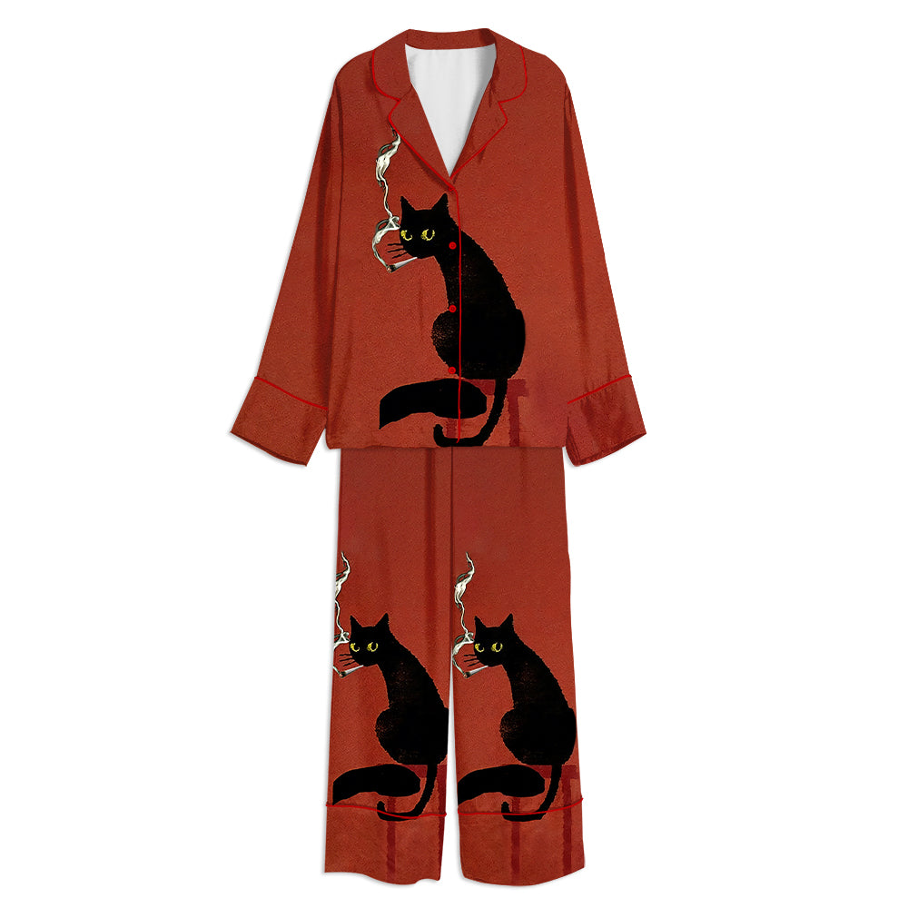 Smoking Cat Good Morning Vintage Unisex Long Sleeve Satin Pajama Set