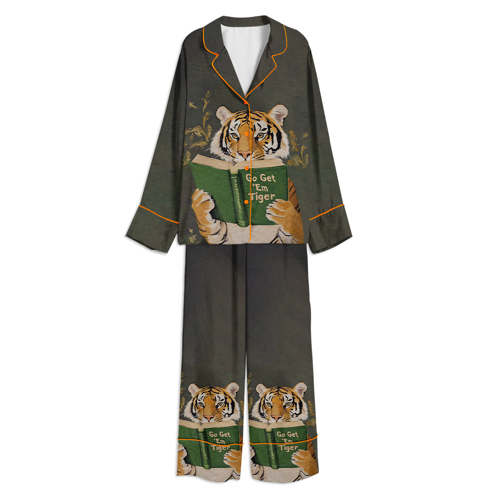 Motivational Tiger Reading Print Unisex Long Sleeve Satin Pajama Set