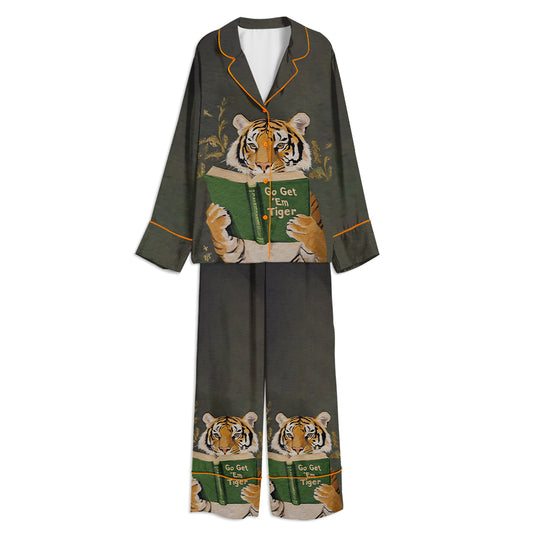 Motivational Tiger Reading Print Unisex Long Sleeve Satin Pajama Set