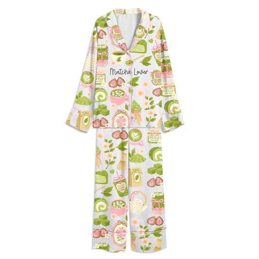 Matcha Lover Cute Matcha Tea Unisex Long Sleeve Satin Pajama Set