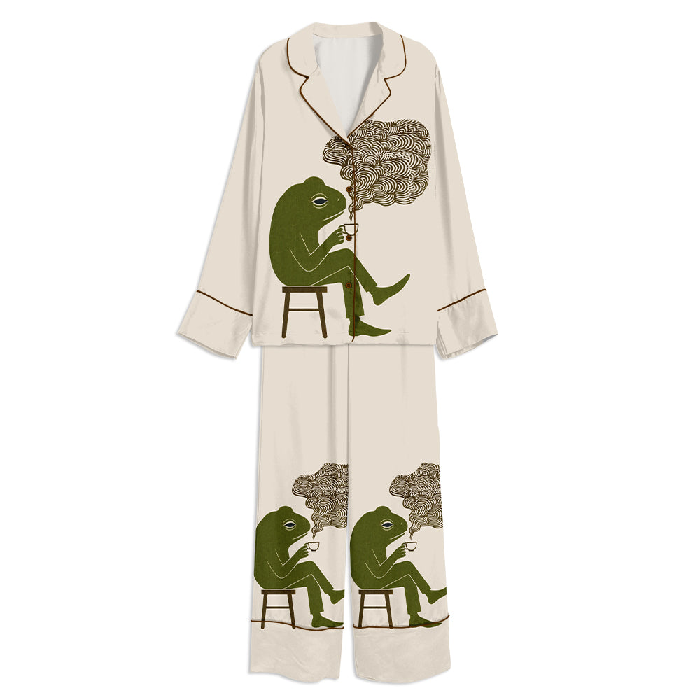 Japanese Frog Smoking Cigarette Vintage Ukiyo-e Style Unisex Long Sleeve Satin Pajama Set