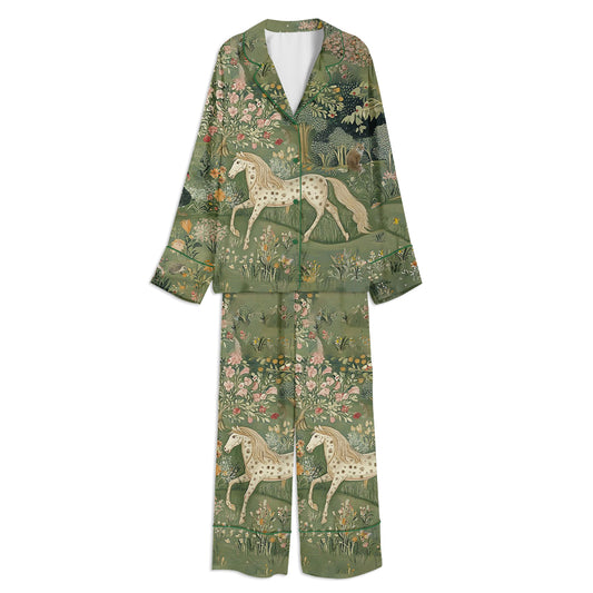 Tokyo-mood Enchanted Forest Horse Fairy Tale Nature Unisex Long Sleeve Silky Satin Pajama Set