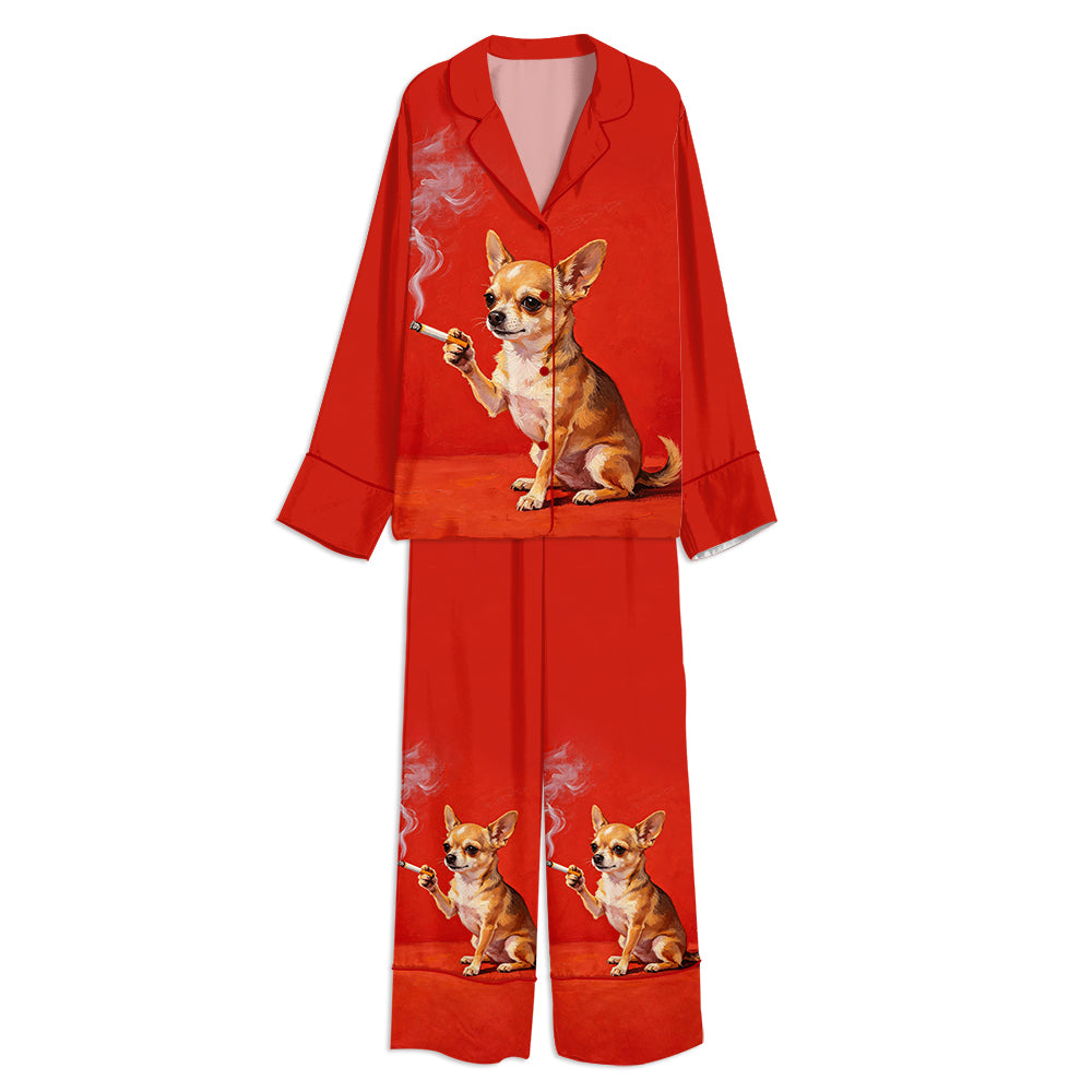 Tokyo-mood Funny Smoking Chihuahua Dog Lovers Unisex Long Sleeve Silky Satin Pajama Set