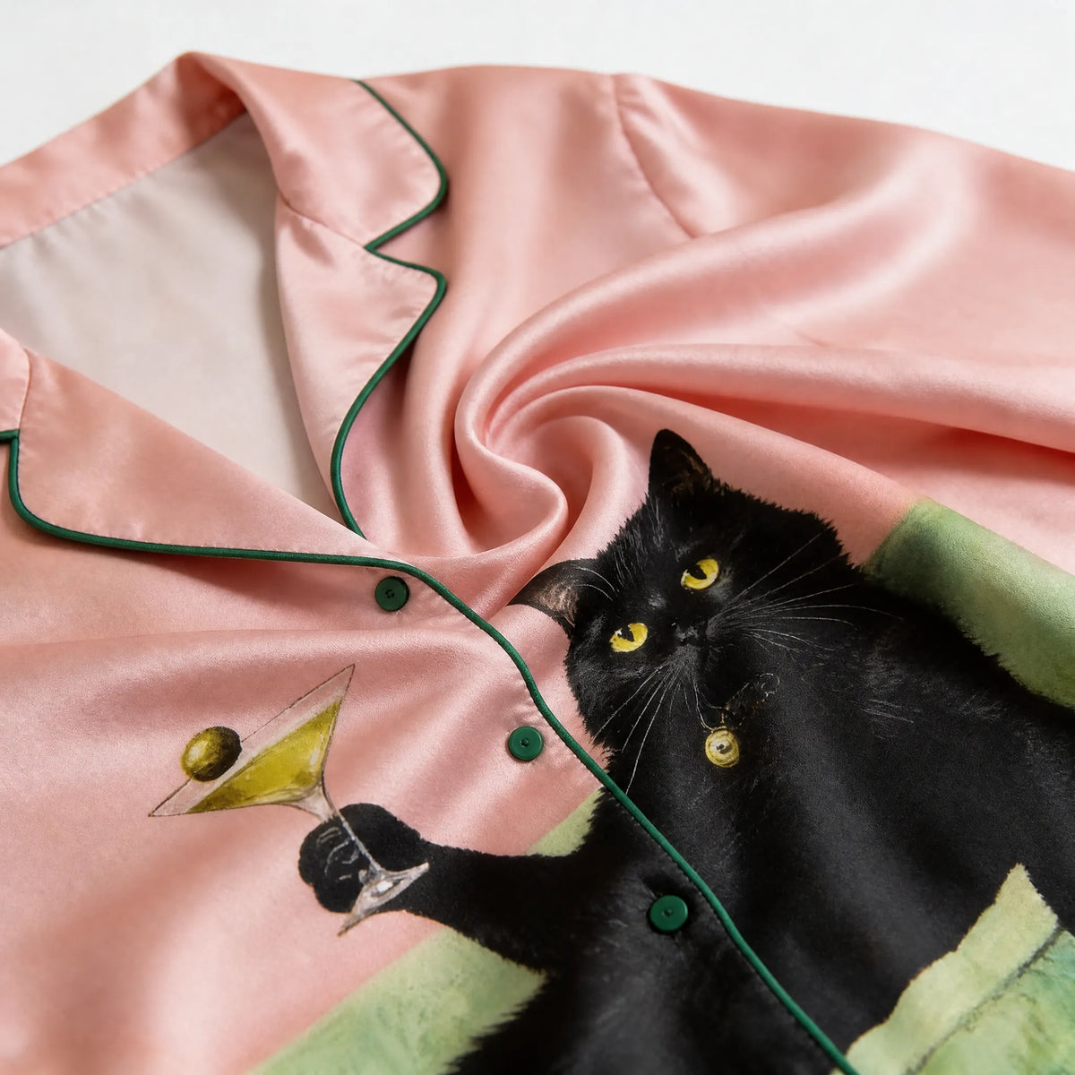 Chic Cat Drinking Martini Unisex Long Sleeve Satin Pajama Set