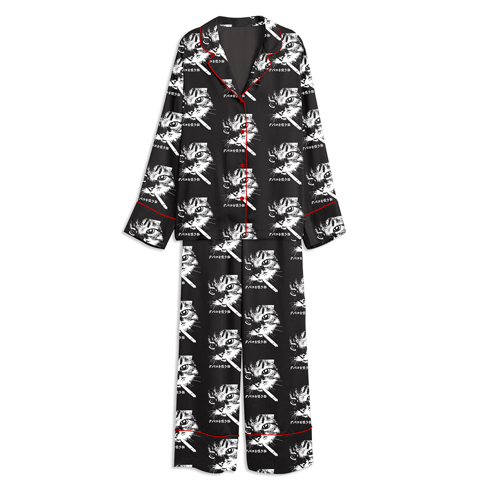 Retro Cat Smoking Unisex Long Sleeve Satin Pajama Set