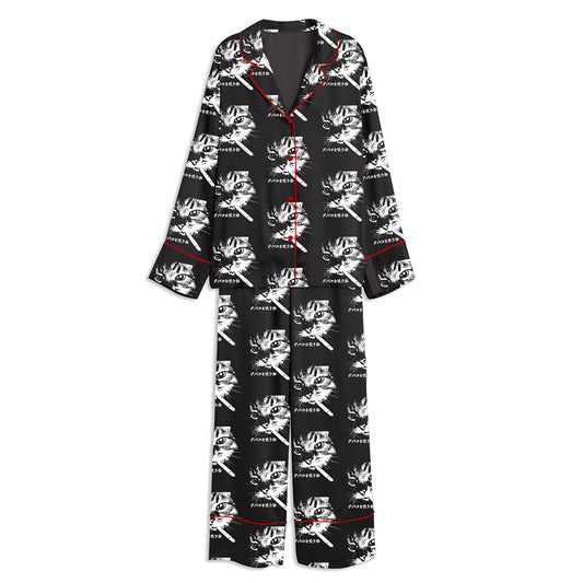 Retro Cat Smoking Unisex Long Sleeve Satin Pajama Set