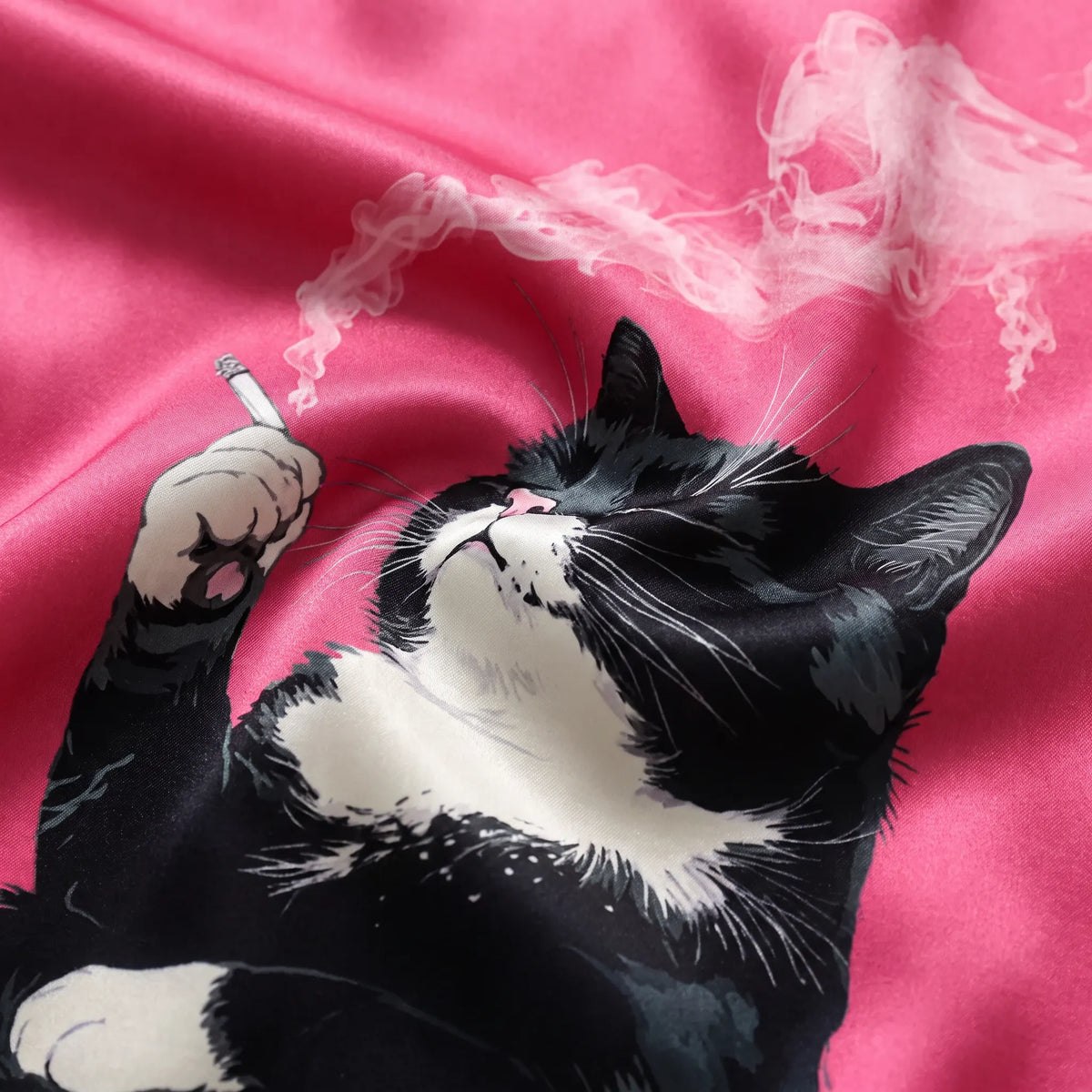 Relaxed Cat Smoking A Cigarette Unisex Long Sleeve Satin Pajama Set