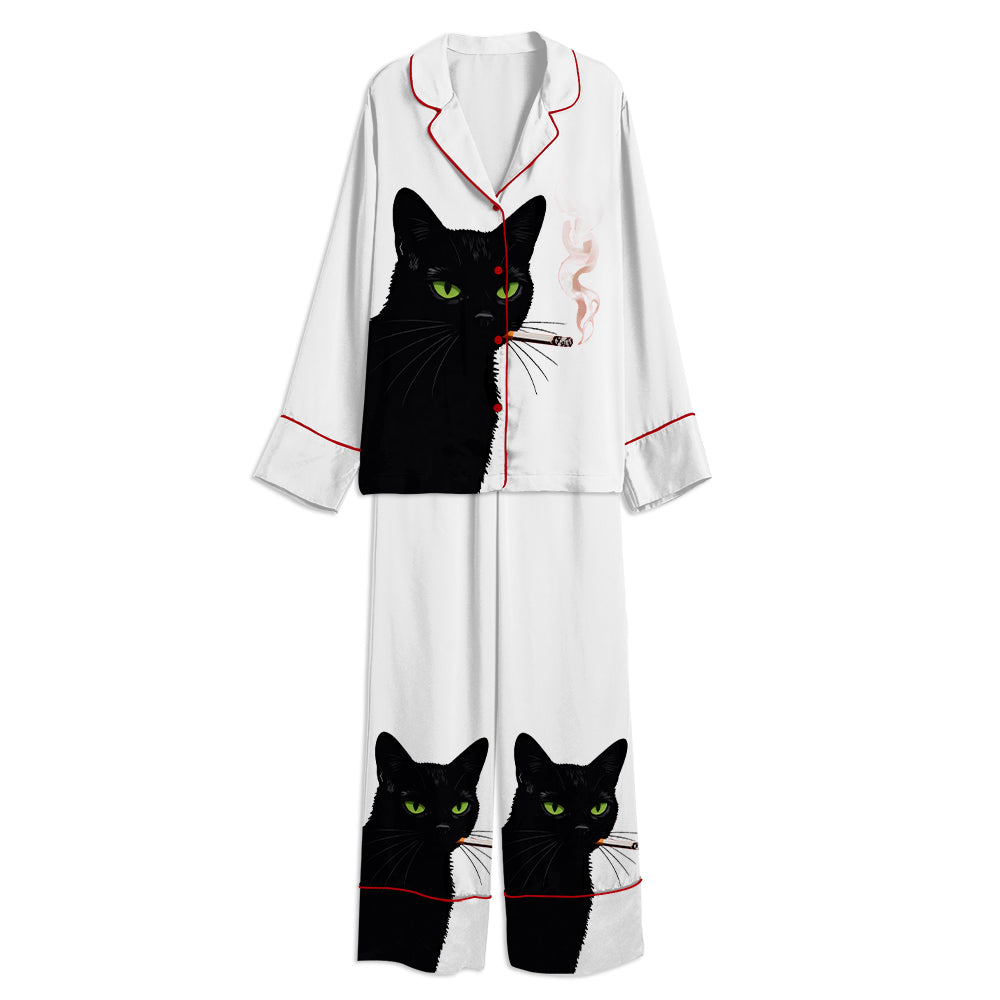 Vintage Black Cat Smoking Cat Art Unisex Long Sleeve Satin Pajama Set